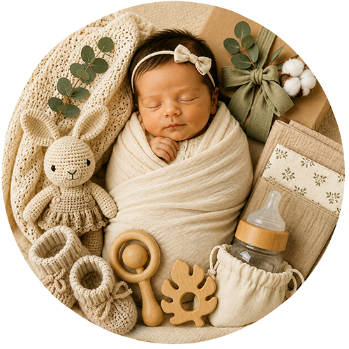 Eco-Friendly Baby — baby gift direction, illustrative; contents vary