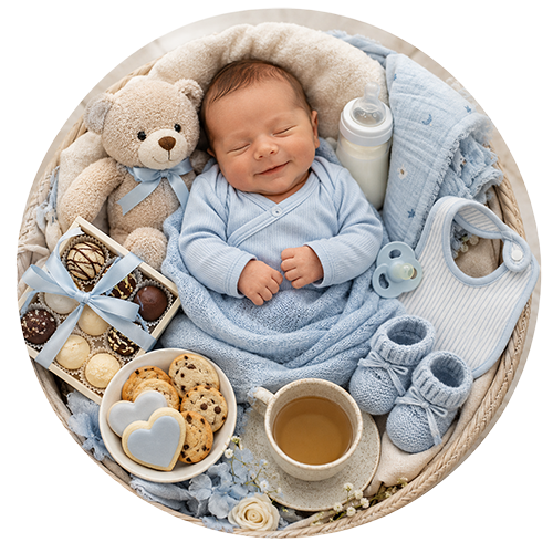 Mom & Baby Comfort — baby boy gift direction, illustrative; contents vary
