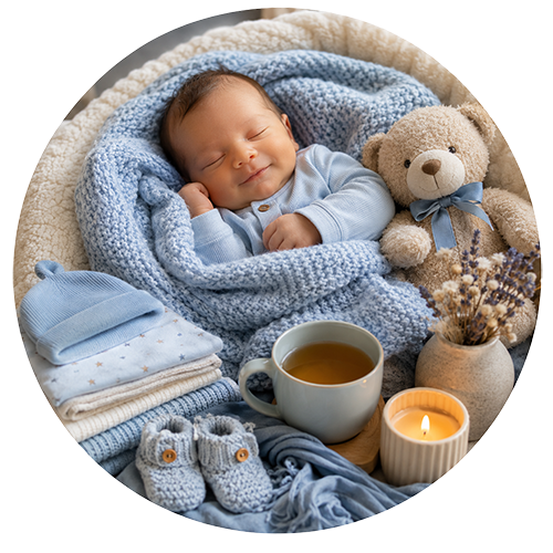 Blue Family Welcome — baby boy gift direction, illustrative; contents vary
