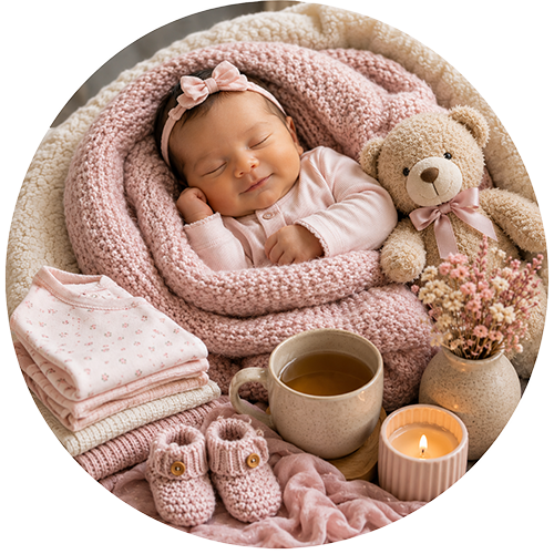 Blush Family Welcome — baby girl gift direction, illustrative; contents vary