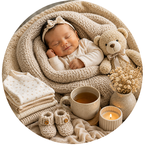 Neutral Family Welcome — baby gift direction, illustrative; contents vary