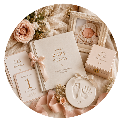 First Moments Bundle — baby boy gift direction, illustrative; contents vary