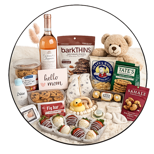Premium Baby Basket — baby gift direction, illustrative; contents vary