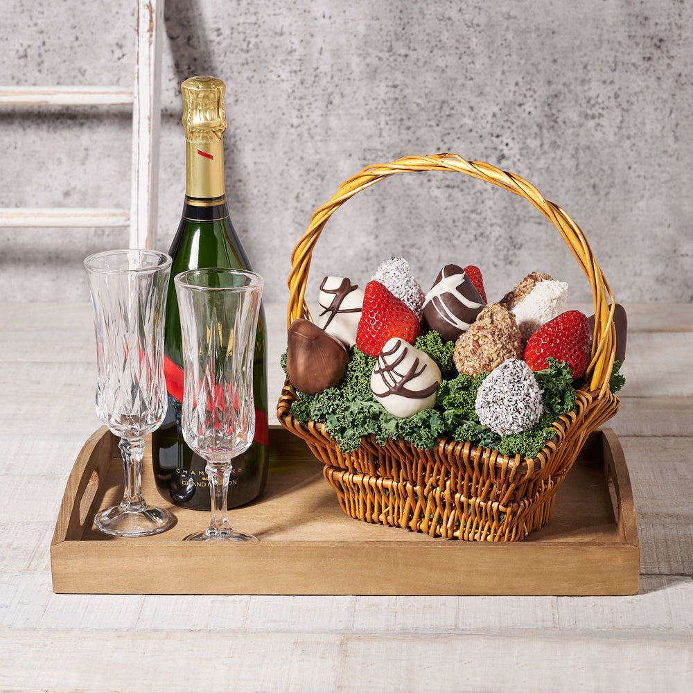 Champagne & French Chocolate Dipped Strawberries Bouquet - Gift Baskets Delivery