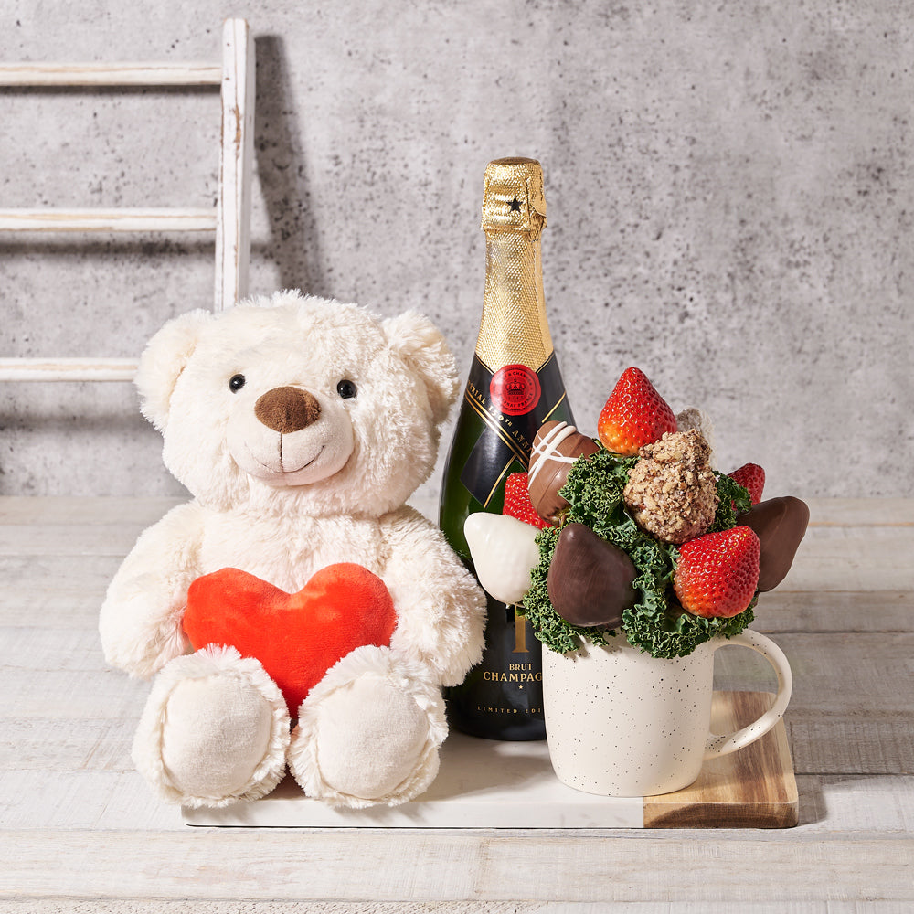 The Chocolate Dipped Strawberries Mug Set with Champagne - Gift Baskets Delivery