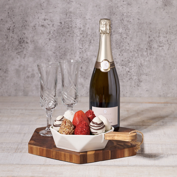 Champagne & Deluxe Chocolate Dipped Strawberries Dish - Gift Baskets Delivery