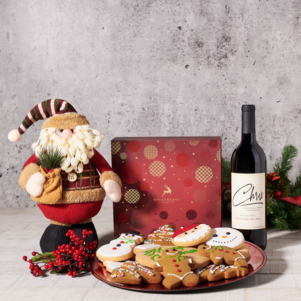 Christmas Cookie & Classic Santa Set with Wine - Gift Baskets Delivery