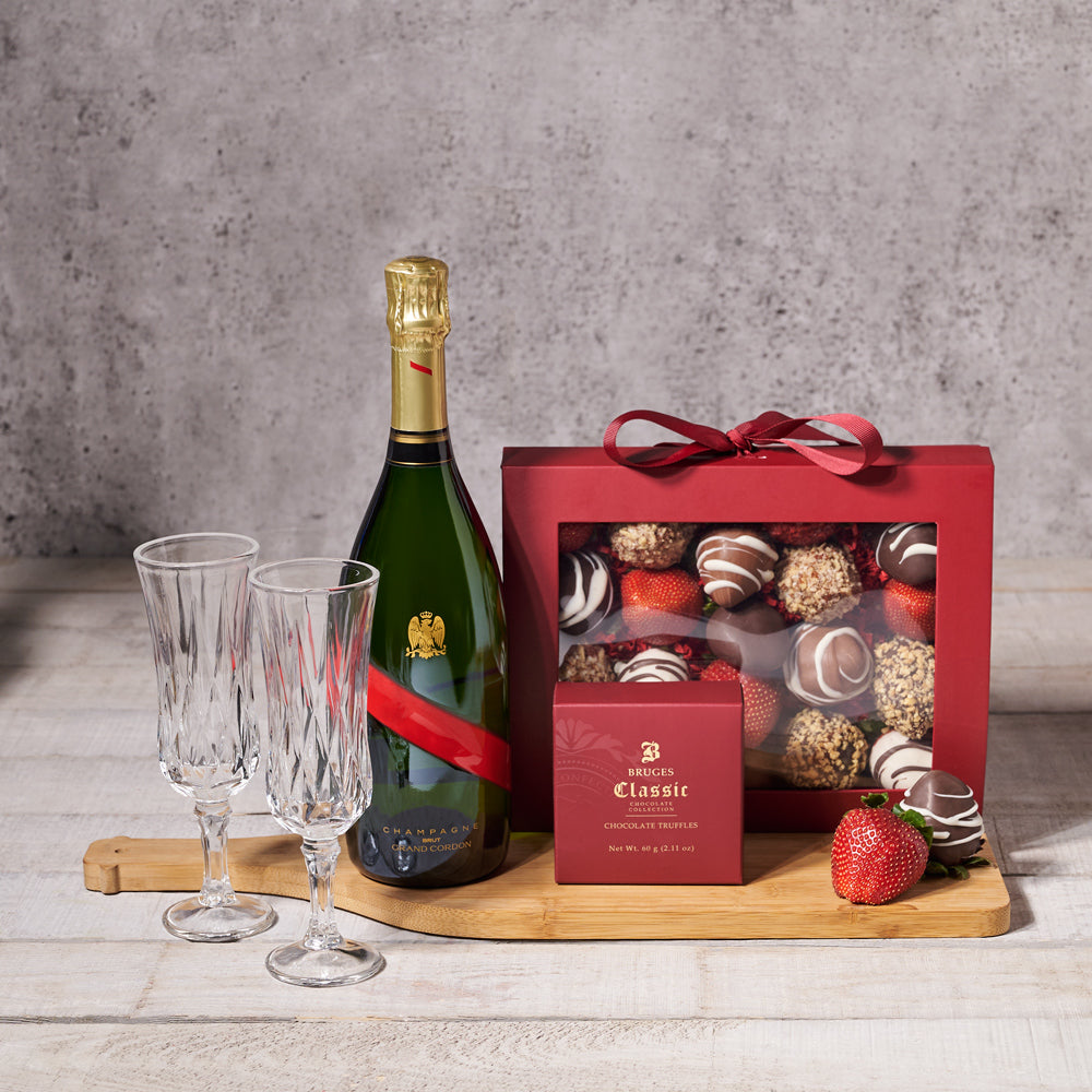 Champagne & Chocolate Dipped Strawberries for Two - Gift Baskets Delivery