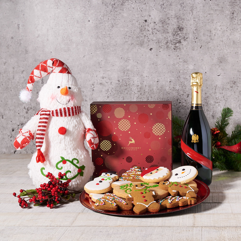 Christmas Cookie & Classic Snowman Set with Champagne - Gift Baskets Delivery