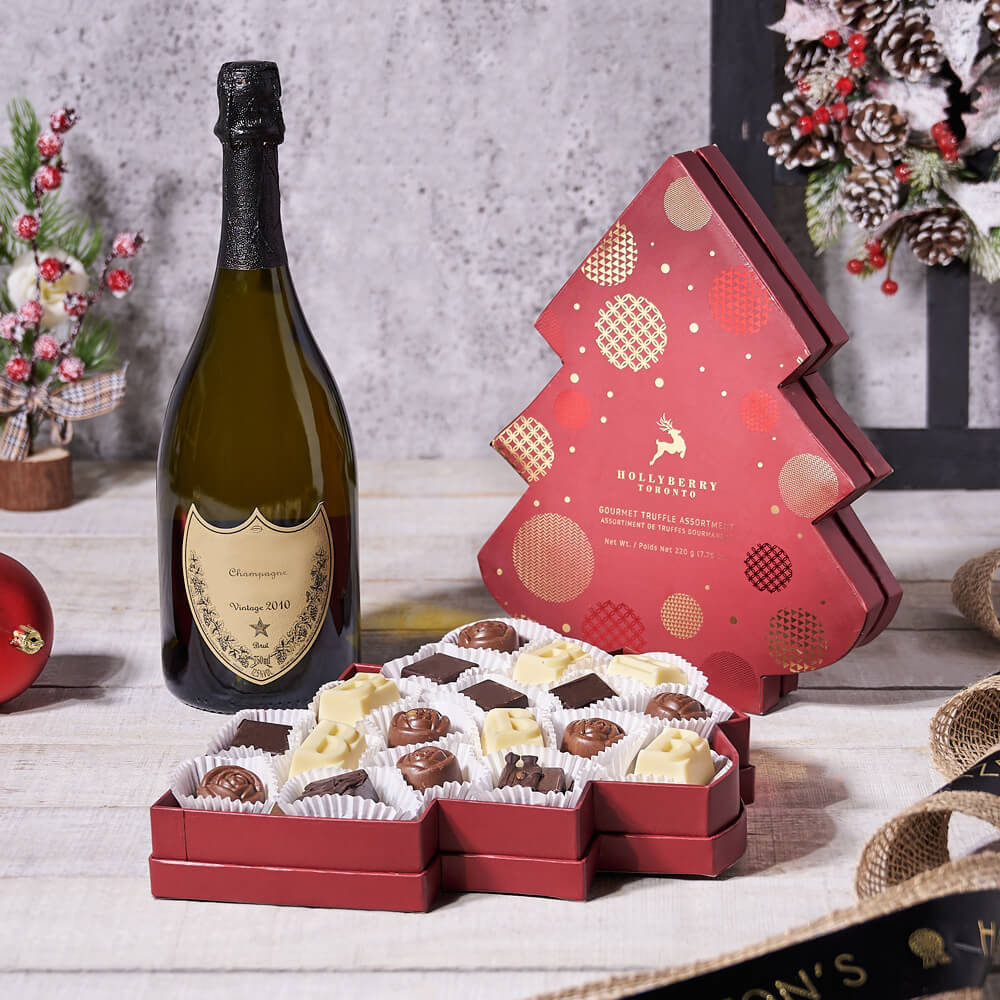 A Very Merry Chocolate Tree Champagne Gift - Gift Baskets Delivery