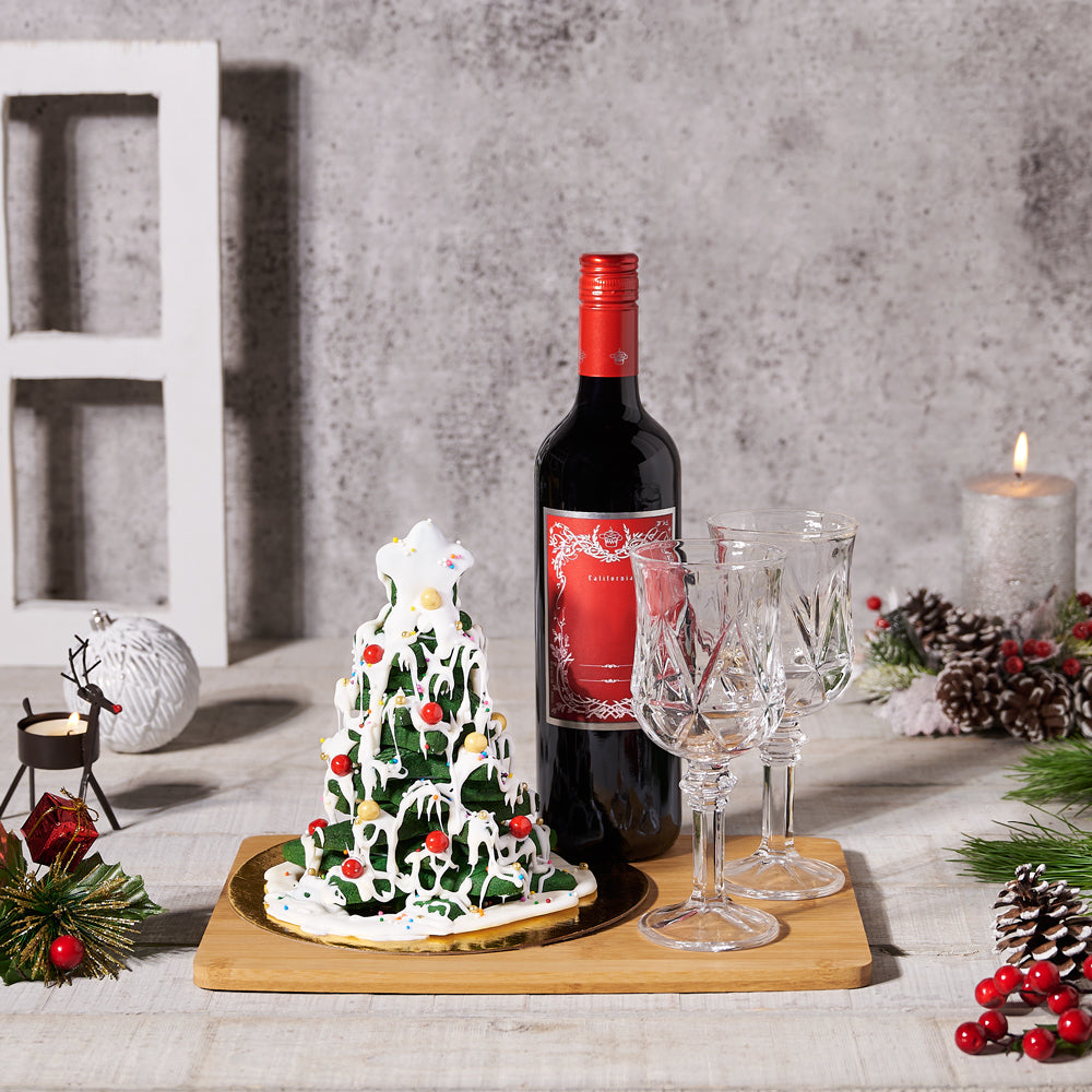 Sweet Christmas Tree & Wine Gift Set - Gift Baskets Delivery